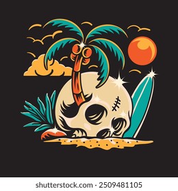 skull with coconut tree and surfboard on the beach vector graphics. summer concept isolated on black background. vintage colorful