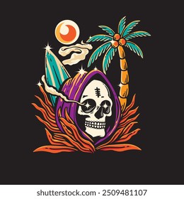 skull with coconut tree and surfboard on the beach vector graphics. summer concept isolated on black background. vintage colorful