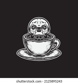 Skull in the coffee cup drawing illustration.