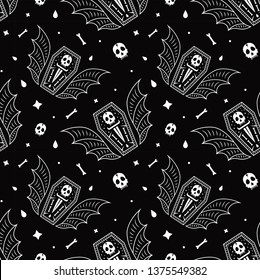 Skull coffin vampire seamless pattern black background