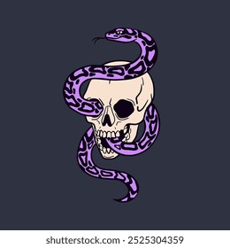 Skull with coiled snake, death and danger symbol. Creepy spooky retro tattoo art design. Dead skeleton, head bone with serpent. Mystical haunting hand-drawn vintage graphic vector illustration