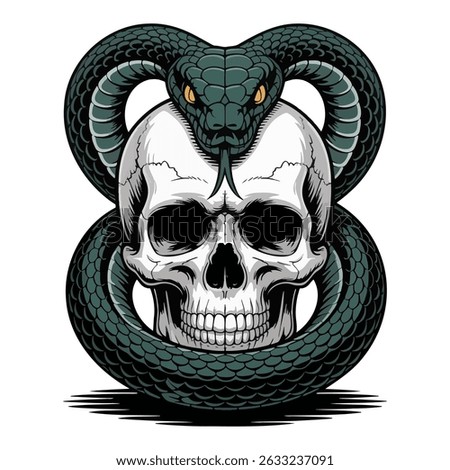 Skull with a coiled snake graphic design.