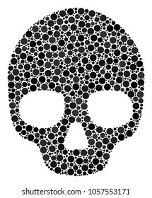 Skull collage of circle dots in various sizes and color shades. Filled circles are organized into skull vector composition. Vector design concept.