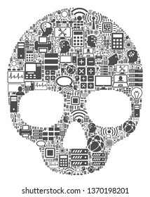 Skull collage icon organized for bigdata and computing illustrations. Vector skull mosaics are composed from computer, calculator, connections, wi-fi, network, interface symbols into abstract collage.
