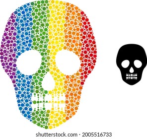 Skull collage icon of spheric dots in variable sizes and rainbow colored color hues. A dotted LGBT-colored skull for lesbians, gays, bisexuals, and transgenders. Vector icon in LGBT flag colors.