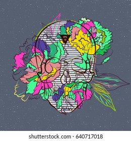 Skull with a color peony flowers on a grunge background. Beautiful black and white graphics for t-shirts. Vector illustration EPS 10.