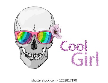 Skull , color sunglasses, peach flowers. Hand drawn style print.  Have a style, nice text- lettering quote. Postcard, card, poster design, website design, logo, banner. Vector