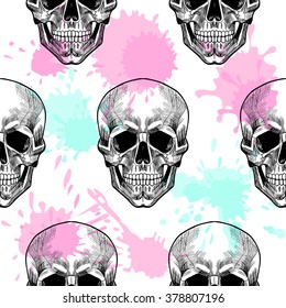 Skull and colored blots .Vector seamless pattern