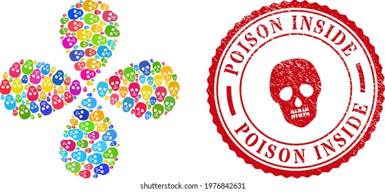 Skull colored explosion flower with four petals, and red round POISON INSIDE scratched stamp print. Skull symbol inside round stamp seal. Object flower organized from random skull items.