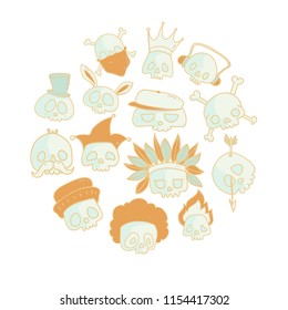 Skull colored line doodle icons set circle composition. 