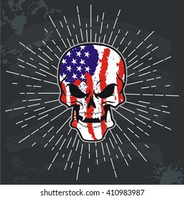 skull colored in national colors of American  on black board