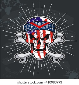 skull colored in national colors of American  on black board