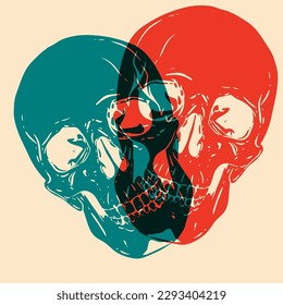 Skull. Colorful cute screen printing effect. Riso print effect. Vector illustration. Graphic element  for fabric, textile, clothing, wrapping paper, wallpaper, poster. 