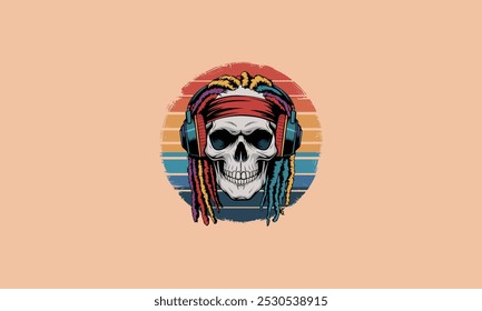 Caveira com dreadlocks coloridos, fones de ouvido e uma faixa vermelha.