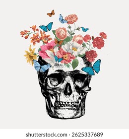 A skull with colorful flowers and butterflies. Floral elements bloom from the skull. Butterflies flutter around the vibrant flowers and skull design. Gothic skull vector.