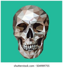 Skull colorful low poly design isolated on turquoise background with white outline. Scary portrait card design.