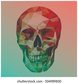 Skull colorful low poly design isolated on gradient background with white outline. Scary portrait card design.