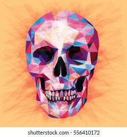 Skull colorful low poly design isolated on peach background with triangular shapes. Scary portrait card design in a modern style.