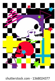 Skull colorful poster with inverted cross, cubes and stars, pop art background vector illustration