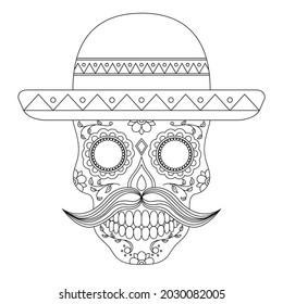 Skull coloring book illustration. Black and white lines. Print for t-shirts and coloring books.