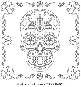 Skull coloring book illustration. Black and white lines. Print for t-shirts and coloring books.