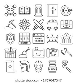 skull, column, book, Bible, clock, time, mining, science icons set. Vector minimalistic illustrations pack