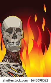 Skull comic style on fire background.