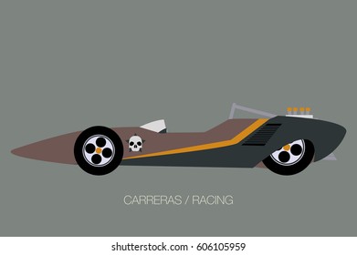 skull competition car, side view,  flat design style