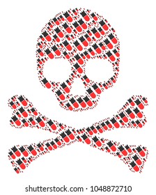 Skull composition composed of aviation bomb design elements. Vector aviation bomb pictograms are organized into mosaic dead composition.