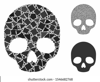 Skull composition of uneven items in different sizes and color tones, based on skull icon. Vector abrupt items are combined into collage. Skull icons collage with dotted pattern.