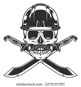 Calavera en la construcción casco de sombrero duro y bigote con cuchillo y cinta cruzada de machete. Arma fundida de cazador en la jungla. Vector negro y blanco aislado en fondo blanco