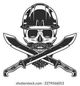 Skull in construction hard hat helmet with beard and mustache with crossed machete sharp knife and ribbon. Melee weapon of hunter in jungle. Black and white vector isolated on white background