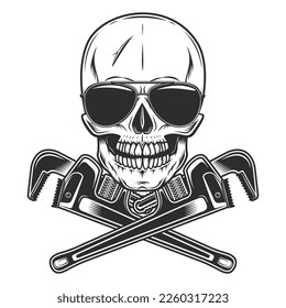 Skull with construction plumbing wrench spanner tools and sunglasses accessory to protect eyes from bright sun vintage isolated vector illustration