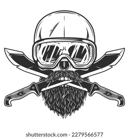 Skull in construction safety glasses with beard and mustache with crossed machete sharp knife melee weapon of hunter in jungle. Black and white vector isolated on white background