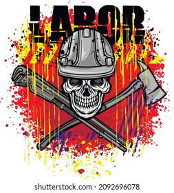 skull in construction safety helmets and tools, grunge vintage design t shirts