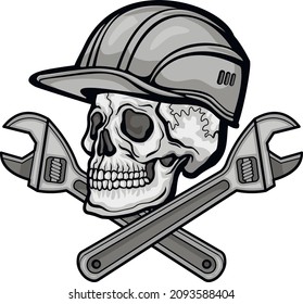 skull in construction safety helmets and tools, grunge vintage design t shirts