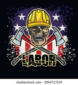 skull in construction safety helmets and tools, grunge vintage design t shirts