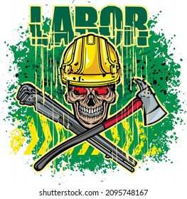 skull in construction safety helmets and tools, grunge vintage design t shirts