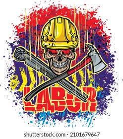 skull in construction safety helmets and tools, grunge vintage design t shirts