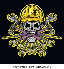 skull in construction safety helmets and tools, grunge vintage design t shirts