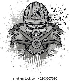 skull in construction safety helmets and tools, grunge vintage design t shirts