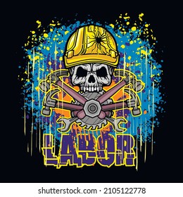 skull in construction safety helmets and tools, grunge vintage design t shirts