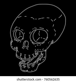 Skull contour on a black background. Human skull. Vector illustration of a human skull. Hand drawn skull.