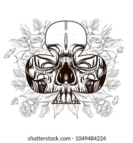 Skull contour sketch for tattoo, for printing on T-shirts and other items, for stickers. Template for coloring, engraving, pyrography.