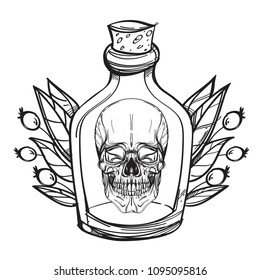 Skull contour sketch for tattoo, for printing on T-shirts and other items, for stickers. Template for coloring, engraving, pyrography.
