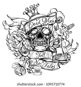 Skull contour sketch for tattoo, for printing on T-shirts and other items, for stickers. Template for coloring, engraving, pyrography.