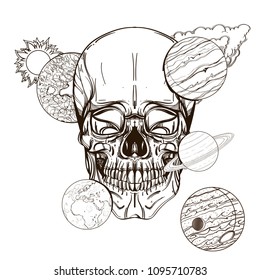 Skull contour sketch for tattoo, for printing on T-shirts and other items, for stickers. Template for coloring, engraving, pyrography.