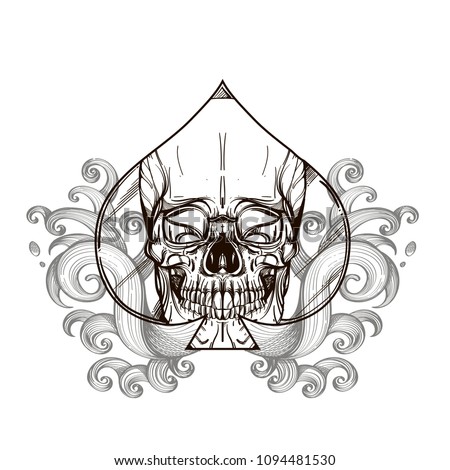 Skull contour sketch for tattoo, for printing on T-shirts and other items, for stickers. Template for coloring, engraving, pyrography.