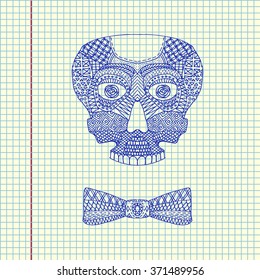 Skull in copybook. Hand drawn skull and bowtie. Vector illustration