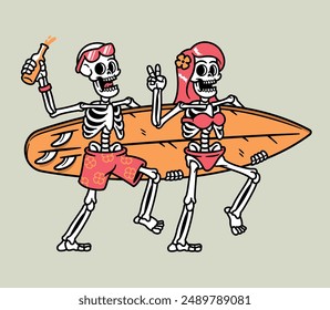 skull couple carrying surfboards illustration